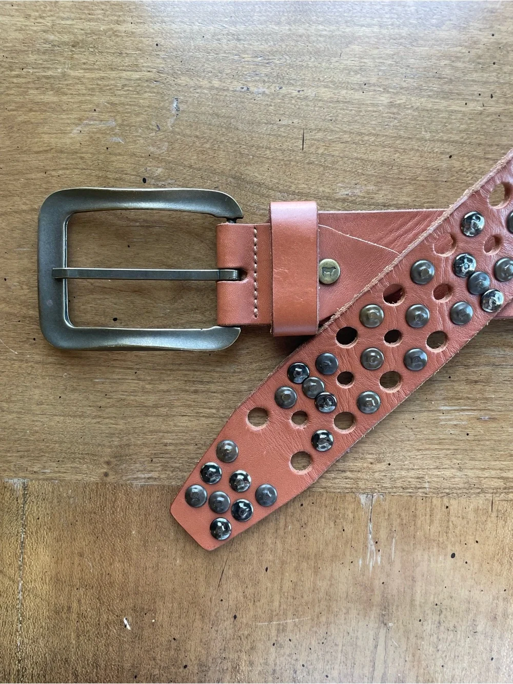Will Leather Goods Tan Studded Leather Belt with Brushed Metal Buckle